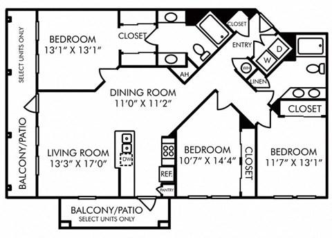 Floor plan for 3 beds, 2 baths, 1495 sqft